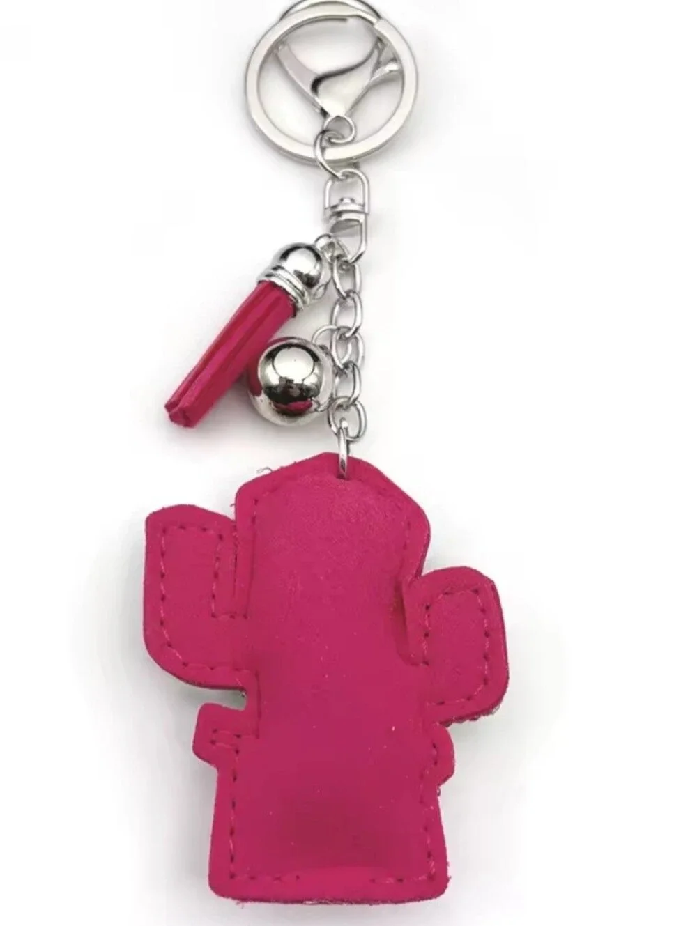 Western Cactus Crystal Rhinestone Keychain Bag Charm With Pink Tassel